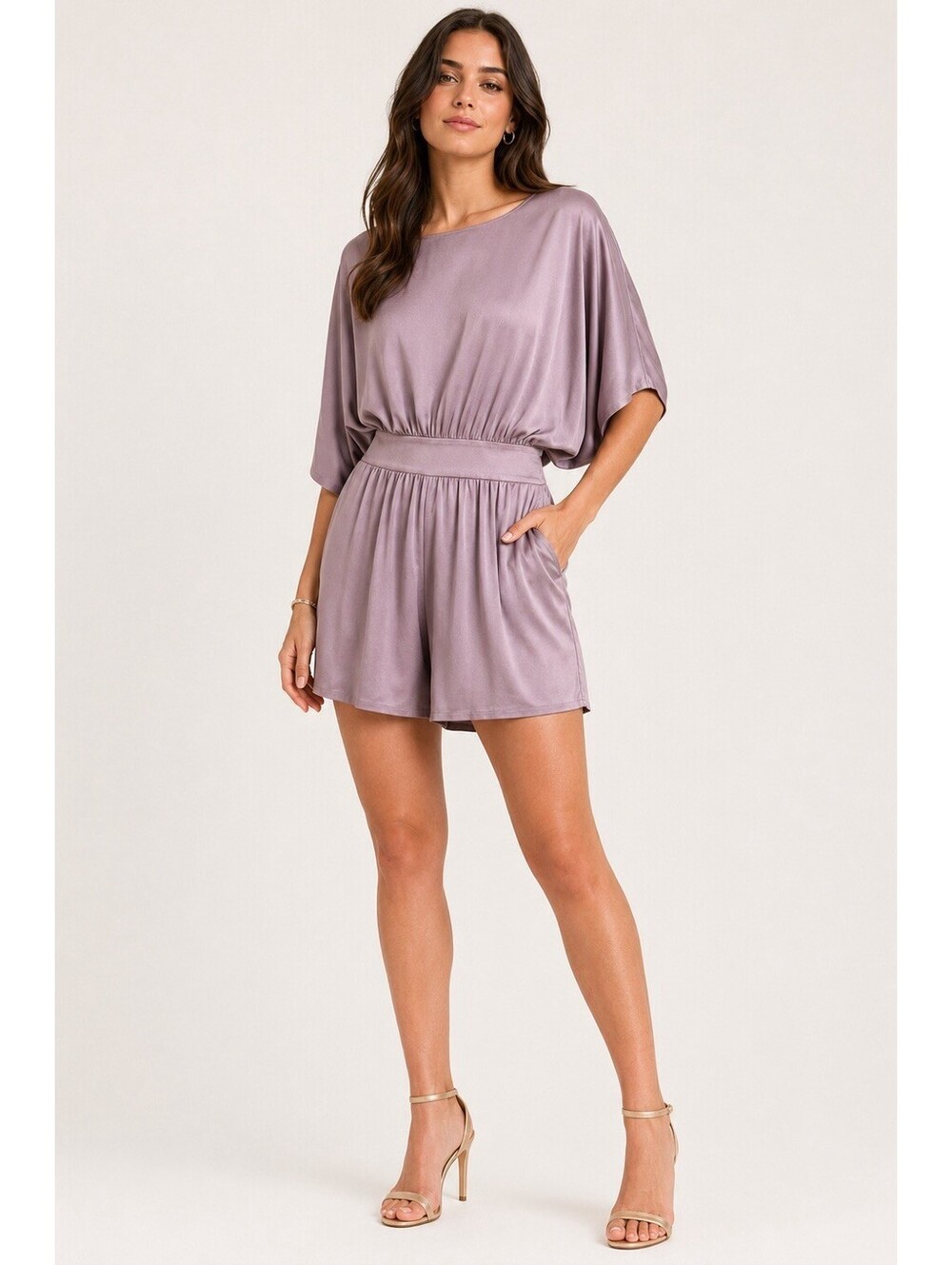 Halston Heritage Mauve Open Back Batwing Sleeve Romper Size 10